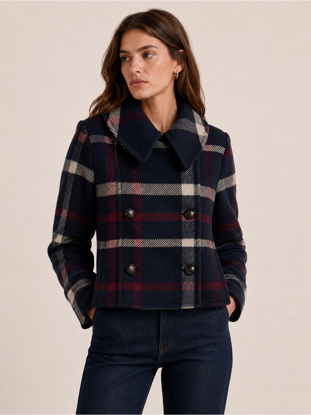 Ralph Lauren Wool Blend Plaid Peacoat Navy Burgundy Cropped Preppy Heritage 8 - Picture 1 of 9